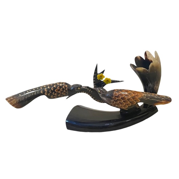 Vintage‎ Oriental Hand Carved Sculpted Twin Bird On A Log Of Ox Horn Pen Holder